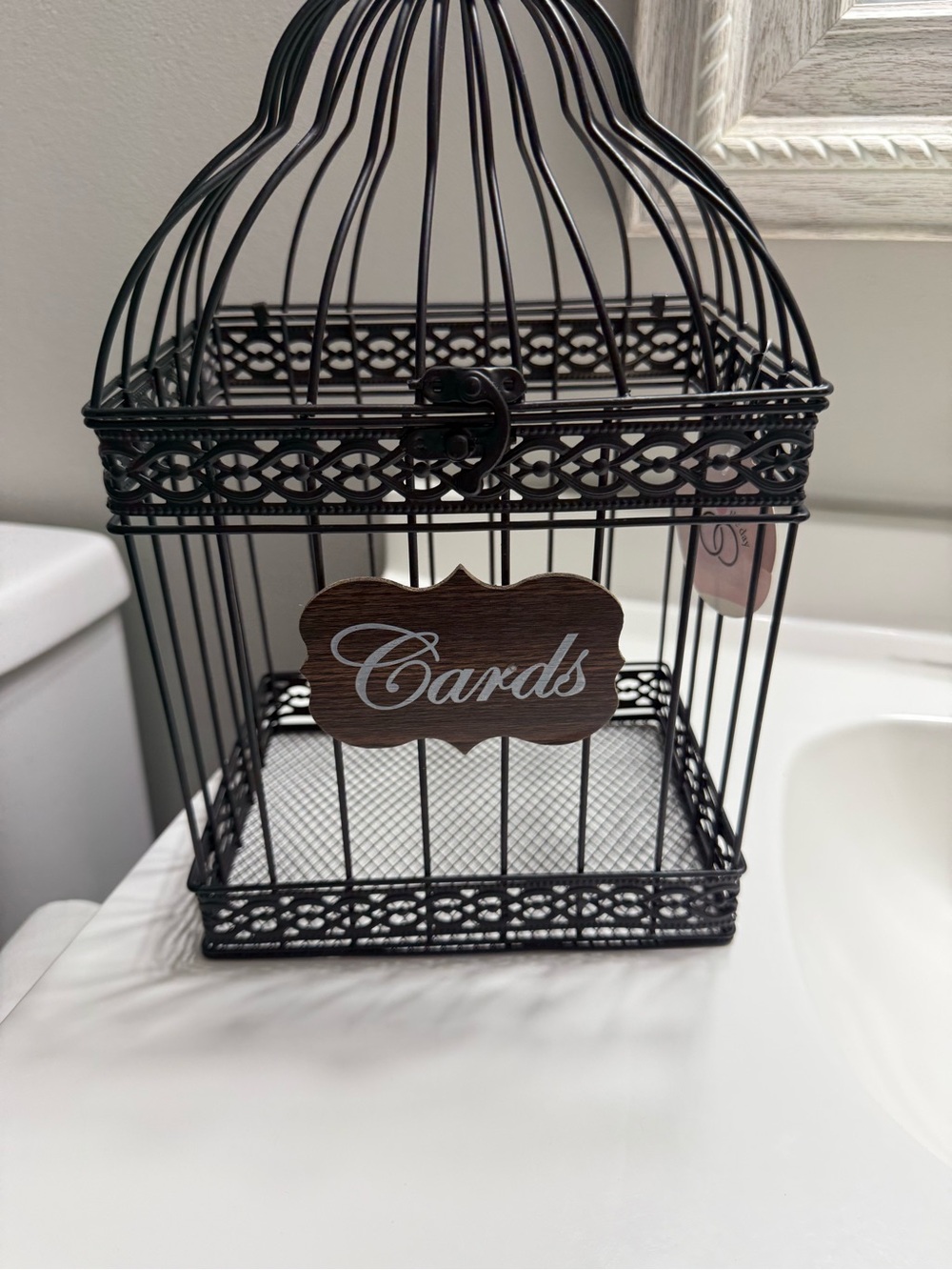 Decorative Black Metal Card Holder Birdcage with "Cards" Sign